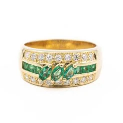 Bague Bandeau En Or Jaune, Diamants Et émeraude
