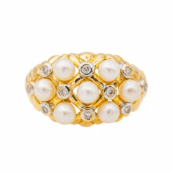 Bague Bandeau En Or Jaune Et Blanc, Perle De Culture Et Diamants