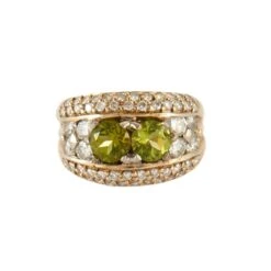 Bague Bandeau En Or Jaune, Péridots Et Diamants