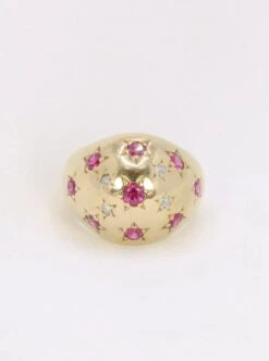 Bague Boule Vintage En Or Jaune, Rubis Et Diamants