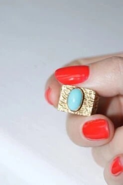 Bague Chevalière Or Martelé Et Turquoise