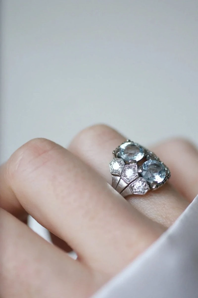 Bague Dôme Art Deco Aigue-marine Et Diamant 2 Bague Dôme Art Deco Aigue-marine Et Diamant – Image 2