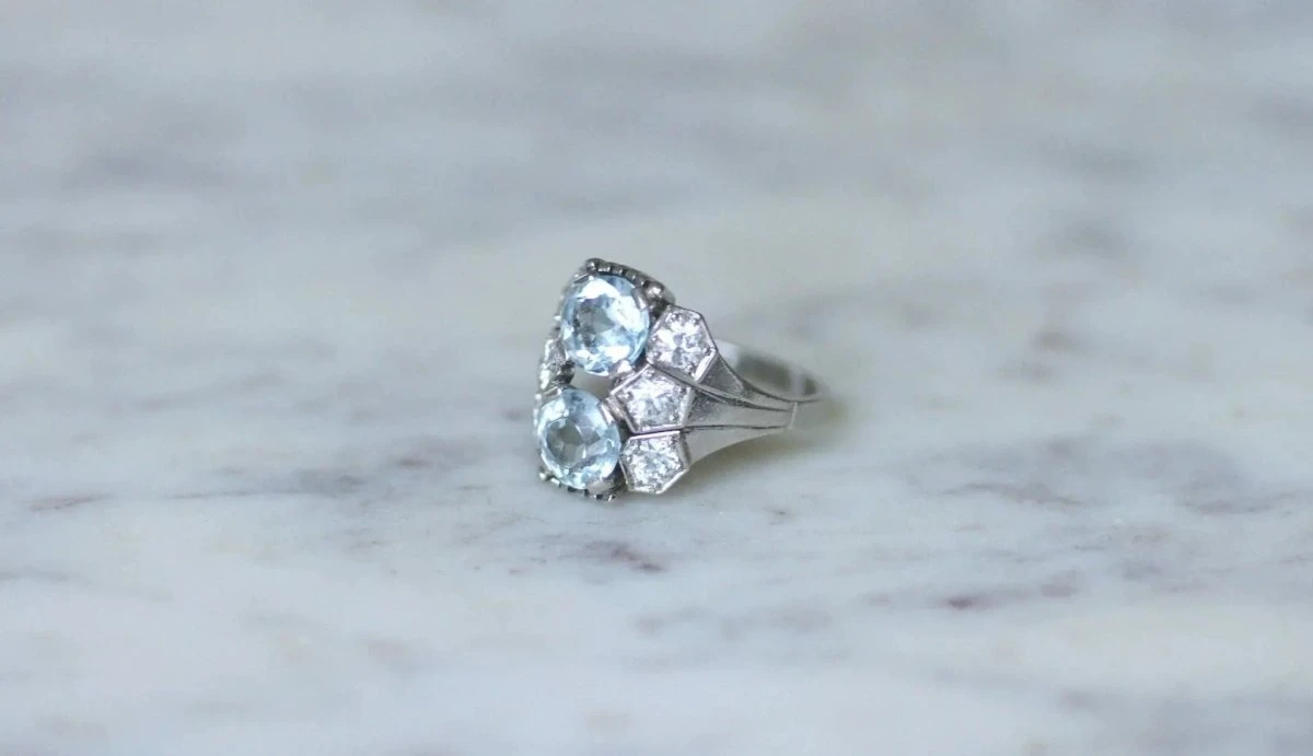 Bague Dôme Art Deco Aigue-marine Et Diamant 7 Bague Dôme Art Deco Aigue-marine Et Diamant – Image 7