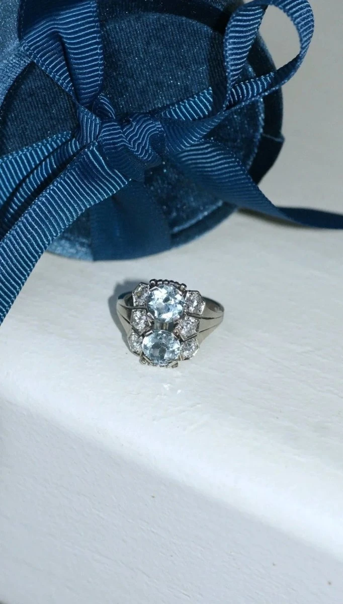 Bague Dôme Art Deco Aigue-marine Et Diamant 6 Bague Dôme Art Deco Aigue-marine Et Diamant – Image 6