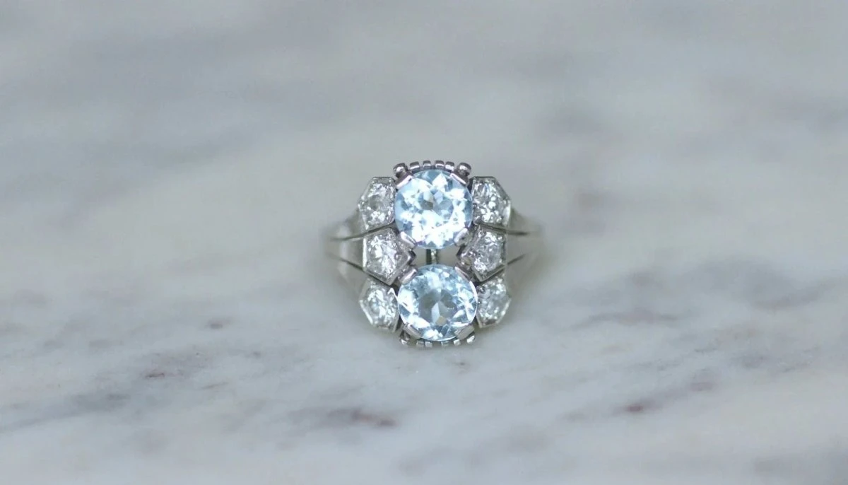 Bague Dôme Art Deco Aigue-marine Et Diamant 3 Bague Dôme Art Deco Aigue-marine Et Diamant – Image 3