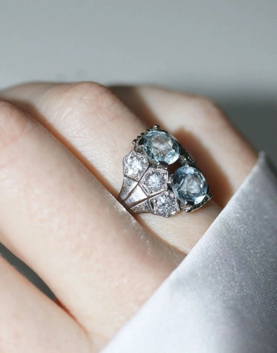 Bague Dôme Art Deco Aigue-marine Et Diamant 1 Bague Dôme Art Deco Aigue-marine Et Diamant
