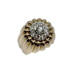 Bague Dôme En Or Jaune Godronné, Platine Et Diamants