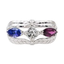 Bague En Or Blanc, Tanzanite, Grenat Et Diamant