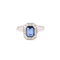 Bague Entourage En Or Blanc, Platine, Pierre Bleue Et Diamants