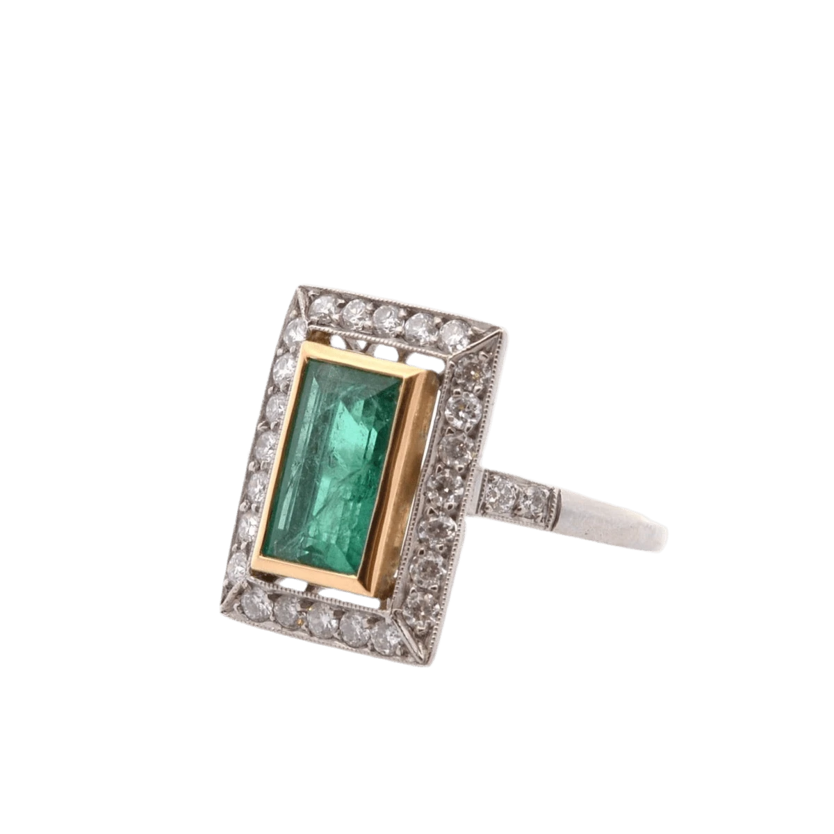 Bague Entourage En Or Jaune, Platine, émeraude Et Diamants 2 Bague Entourage En Or Jaune, Platine, émeraude Et Diamants – Image 2