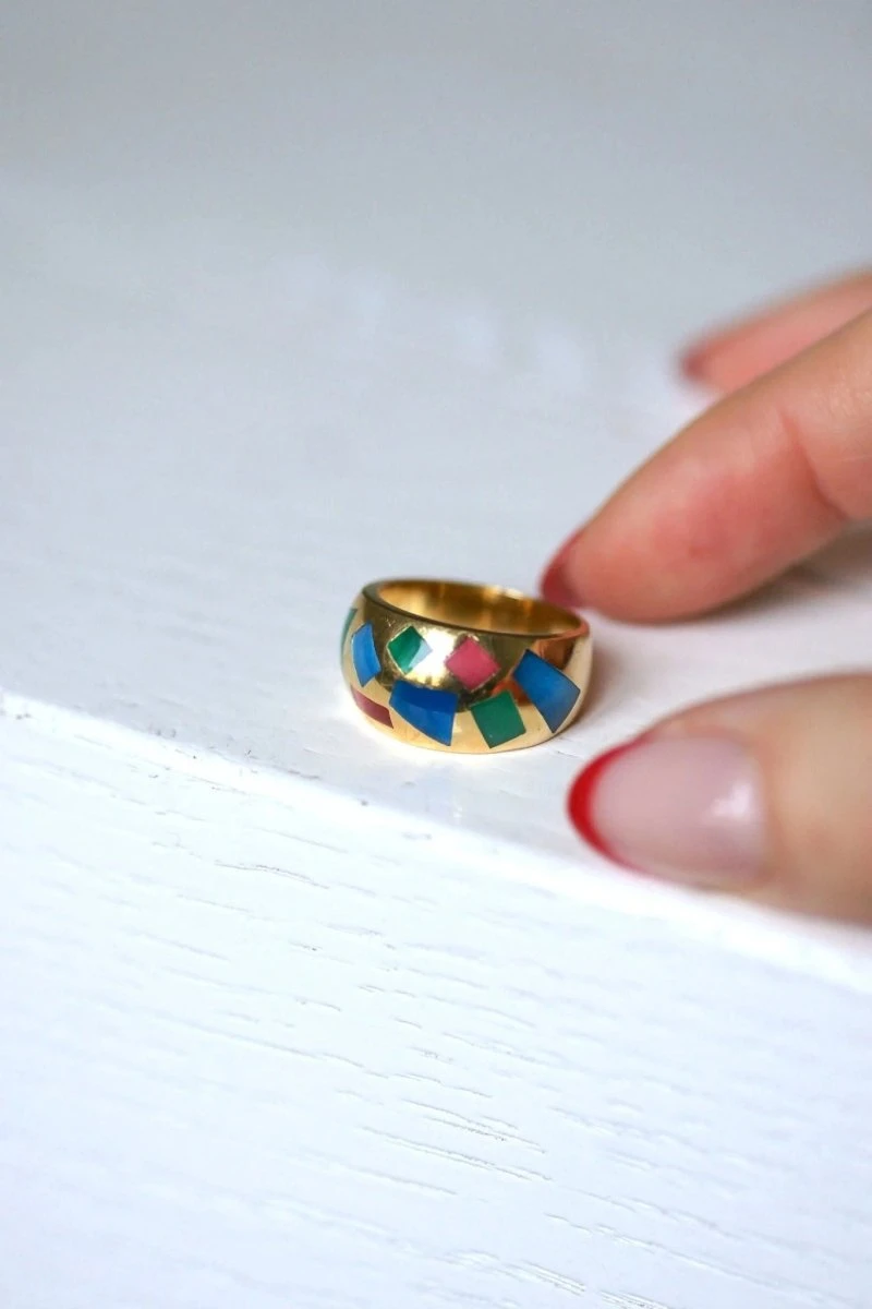 Bague Jonc Vintage En Or Jaune Et Mosaïque, Alain Clozeau 8 Bague Jonc Vintage En Or Jaune Et Mosaïque, Alain Clozeau – Image 8