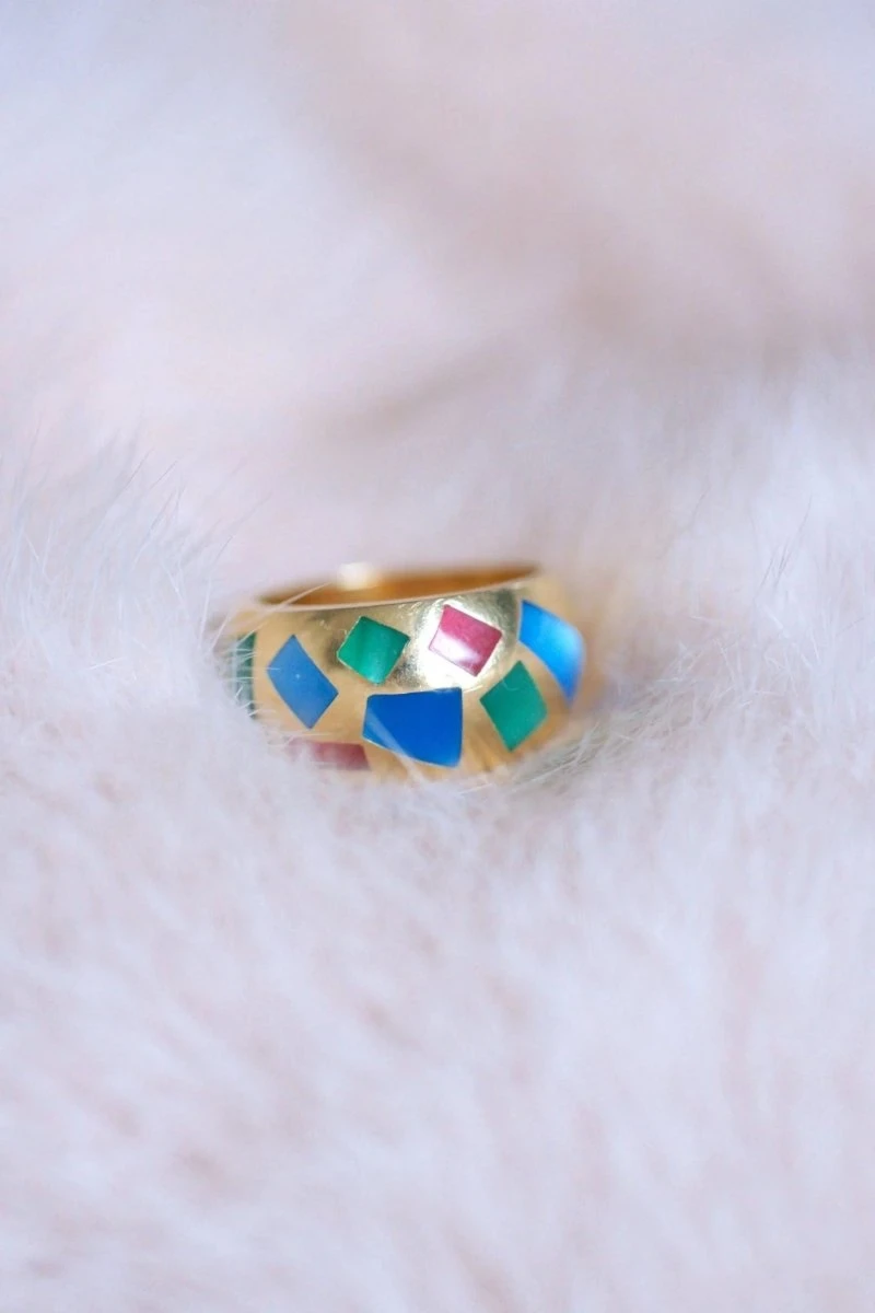 Bague Jonc Vintage En Or Jaune Et Mosaïque, Alain Clozeau 3 Bague Jonc Vintage En Or Jaune Et Mosaïque, Alain Clozeau – Image 3