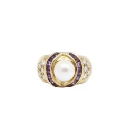 Bague - Or, Perle, Améthystes Et Diamants