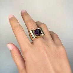 Bague Tank En Or Jaune Et Améthyste -Castafiore Boutique bague tank or amethyste 813942