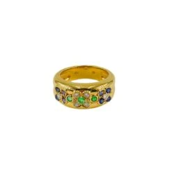 Bague "Trois Fleurs" En Or Jaune, Saphir Et Diamants