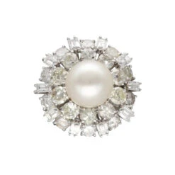 Bague Entourage En Or Blanc, Perle De Culture Et Diamants