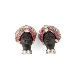 Boucles D'oreilles Clips "tête De Maure" En Or Rose, Or Blanc, Bois, Argent Et Rubis