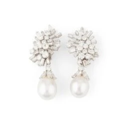 Boucles D'oreilles Clips En Platine, Perles Et Diamants