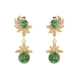 Boucles D'oreilles Dormeuses En Or Jaune, Jade Jadéite Et Diamants