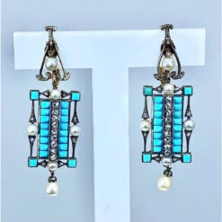 Boucles D’oreilles En Or 18 Carats Et Argent, Turquoises, Diamants, Perles Fines Vers 1880