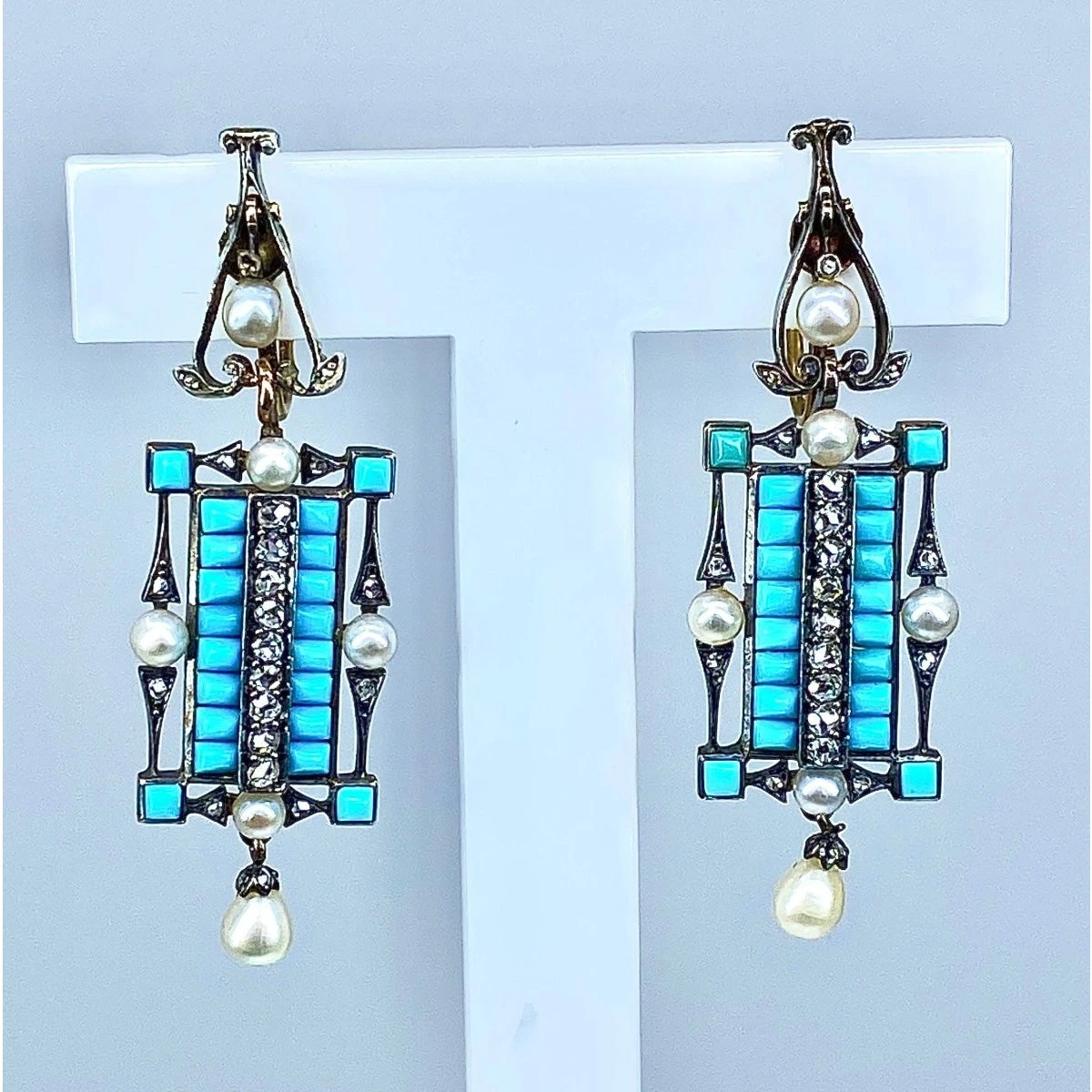 Boucles D’oreilles En Or 18 Carats Et Argent, Turquoises, Diamants, Perles Fines Vers 1880 1 Boucles D’oreilles En Or 18 Carats Et Argent, Turquoises, Diamants, Perles Fines Vers 1880