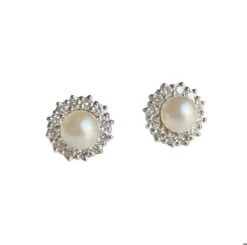 Boucles D'oreilles Puces En Or Blanc, Perle Et Diamants