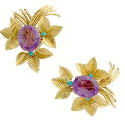 Miller Boucles D'oreilles En Or Jaune, Améthystes Et Turquoises -Castafiore Boutique boucles doreilles en or jaune amethystes et turquoises 223945