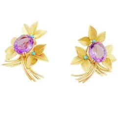 Miller Boucles D'oreilles En Or Jaune, Améthystes Et Turquoises -Castafiore Boutique boucles doreilles en or jaune amethystes et turquoises 474284
