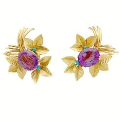 Miller Boucles D'oreilles En Or Jaune, Améthystes Et Turquoises -Castafiore Boutique boucles doreilles en or jaune amethystes et turquoises 507845