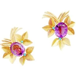 Miller Boucles D'oreilles En Or Jaune, Améthystes Et Turquoises -Castafiore Boutique boucles doreilles en or jaune amethystes et turquoises 669460