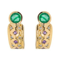 Boucles D'oreilles En Or Jaune, émeraude, Diamant Et Améthyste
