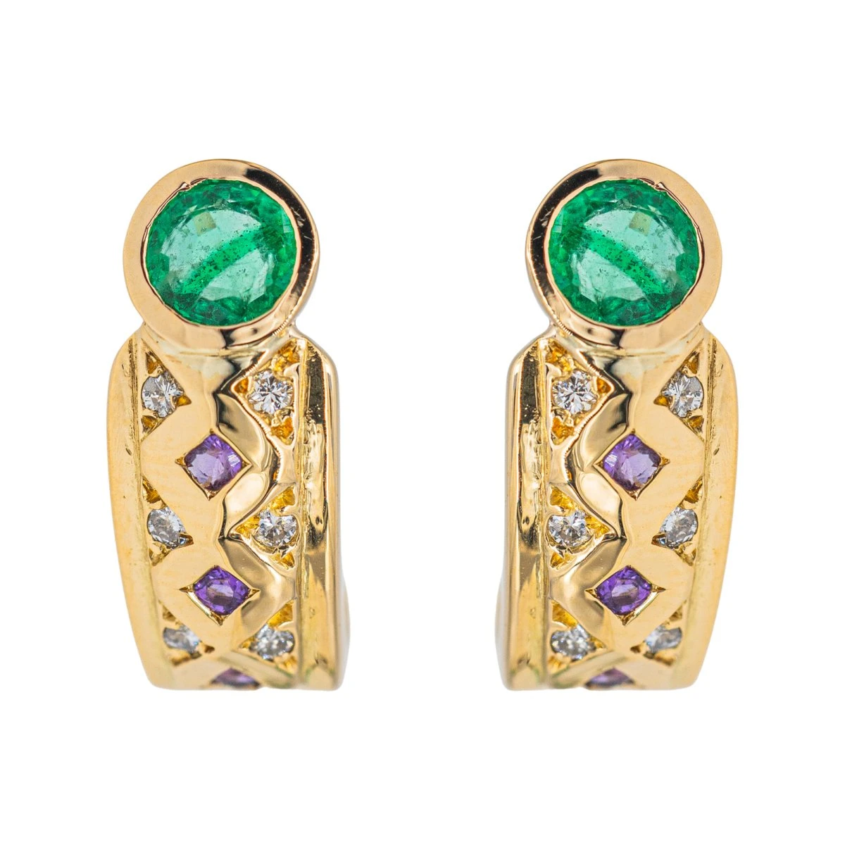 Boucles D'oreilles En Or Jaune, émeraude, Diamant Et Améthyste 1 Boucles D'oreilles En Or Jaune, émeraude, Diamant Et Améthyste