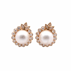 Boucles D'oreilles En Or Jaune, Perles Et Diamants