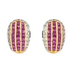 Boucles D'oreilles En Or Jaune, Rubis Et Diamants