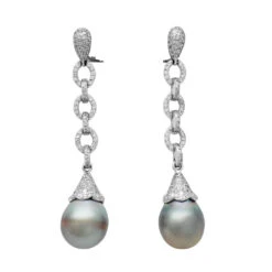Miller Boucles D'oreilles Pendantes En Or Blanc, Diamants Et Perles