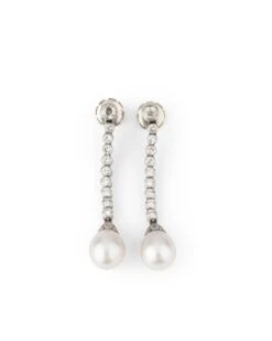 Boucles D'oreilles Pendantes En Or Blanc, Perles Et Diamants