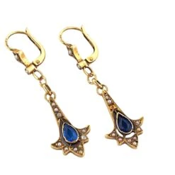 Boucles D'oreilles Pendantes En Or Jaune, Saphir Et Perles
