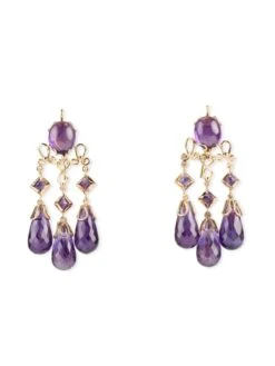 Boucles D'oreilles Pendantes Girandoles En Or Jaune Et Améthystes