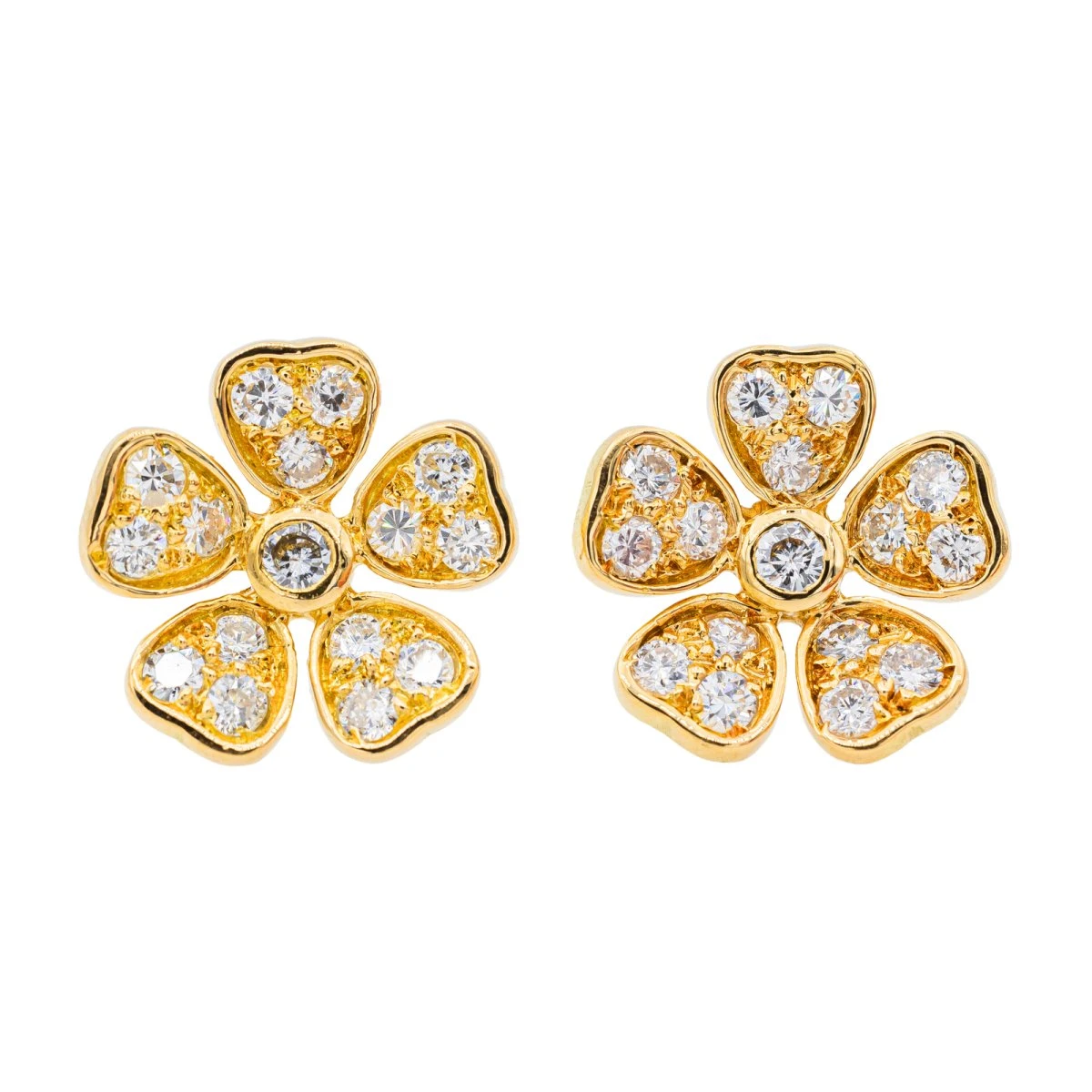 Boucles D'oreilles Puces Fleurs En Or Jaune Et Diamants 1 Boucles D'oreilles Puces Fleurs En Or Jaune Et Diamants