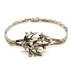 Bracelet Géométrique Motif Feuillage En Or Blanc, Perles Et Diamants