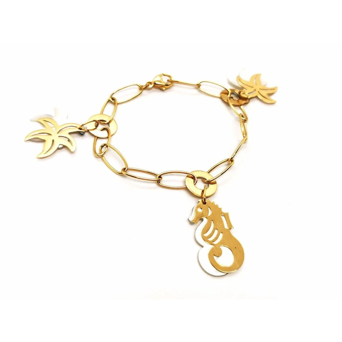 Bracelet Maille Ovale Breloques Océan En Or Jaune Et Nacre 1 Bracelet Maille Ovale Breloques Océan En Or Jaune Et Nacre