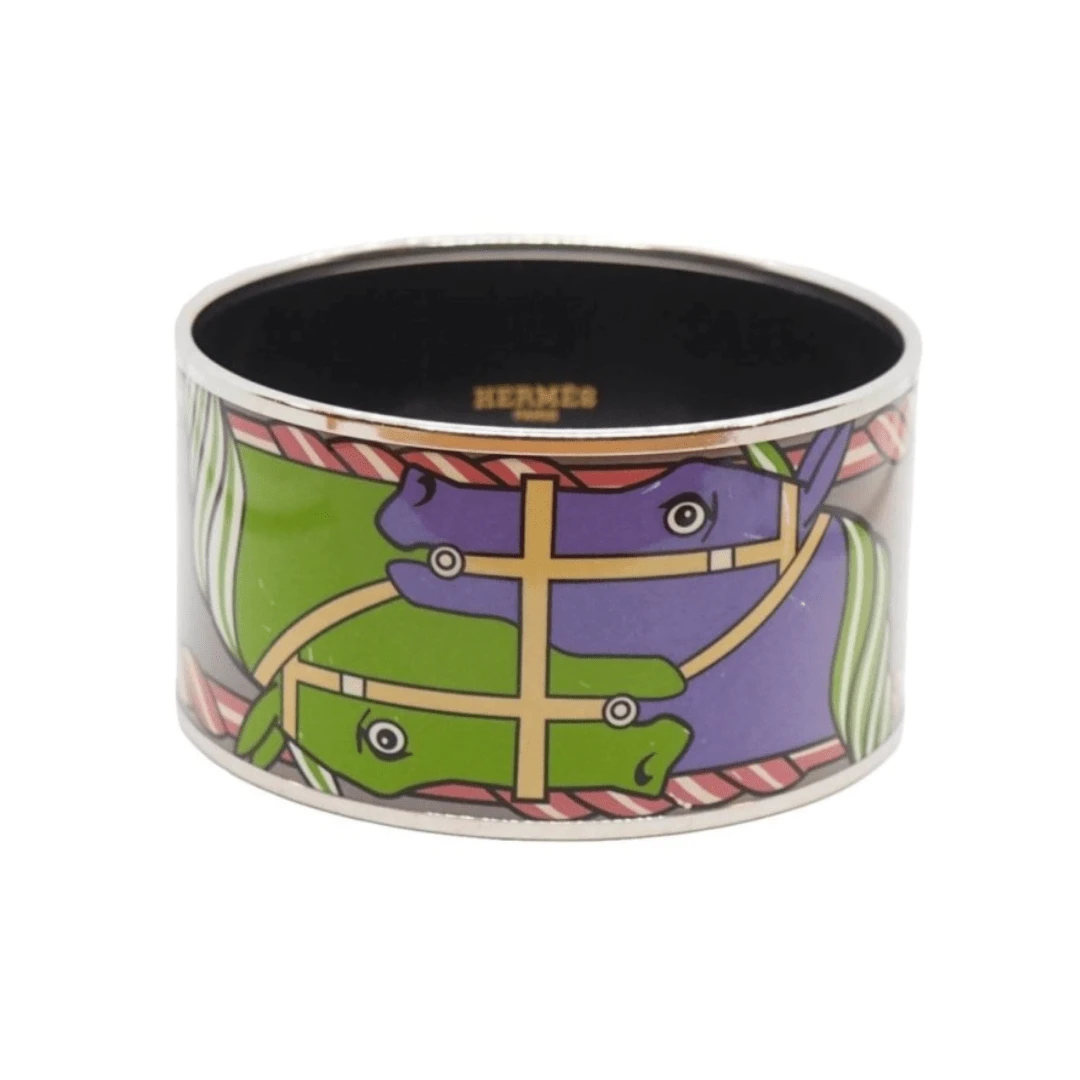 Bracelet Manchette HERMÈS "Quadrige" En Métal Argenté Palladié émaillé 1 Bracelet Manchette HERMÈS "Quadrige" En Métal Argenté Palladié émaillé