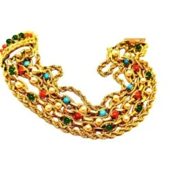 Bracelet Manchette Maille En Or Jaune, Cornaline, Chrysoprases, Turquoise Et Perles -Castafiore Boutique bracelet manchette maille en or jaune cornaline chrysoprases turquoise et perles 466031