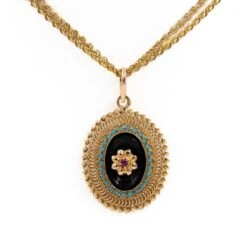 Collier Sautoir En Or Jaune, Rubis, Turquoise Et Onyx