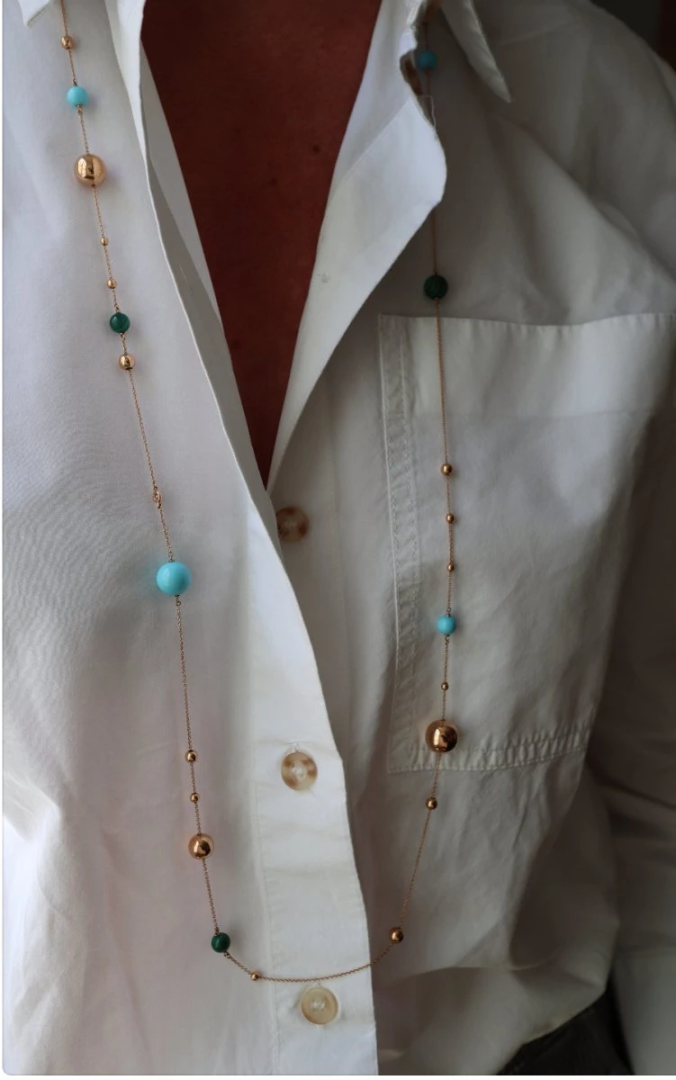 Collier Sautoir En Or Rose, Malachite Opaline Et Diamants 4 Collier Sautoir En Or Rose, Malachite Opaline Et Diamants – Image 4