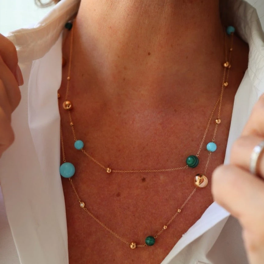 Collier Sautoir En Or Rose, Malachite Opaline Et Diamants 3 Collier Sautoir En Or Rose, Malachite Opaline Et Diamants – Image 3