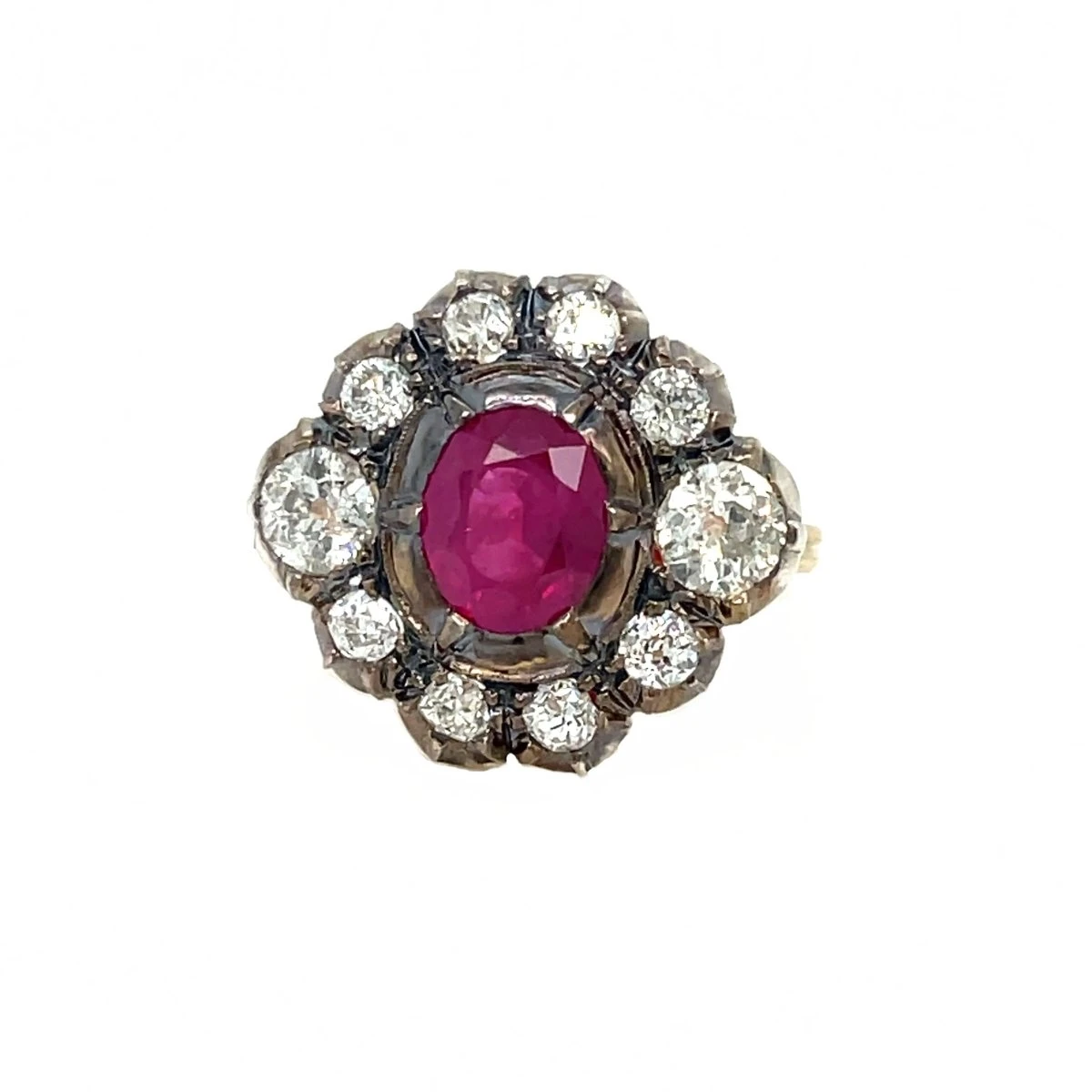 Late 19th Century 2.05 Carat Ruby Diamond Gold Cluster Ring 1 Late 19th Century 2.05 Carat Ruby Diamond Gold Cluster Ring