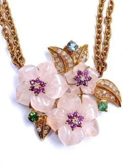 Collier En Or 18 Carats Orné De 3 Fleurs En Quartz Et Feuilles En Diamants
