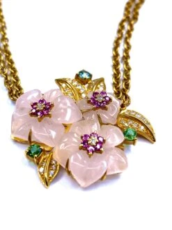 Collier En Or 18 Carats Orné De 3 Fleurs En Quartz Et Feuilles En Diamants -Castafiore Boutique mc vA ihR9Yh