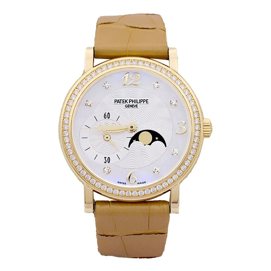 Miller Montre PATEK PHILIPPE "Calatrava Moon Phase" Or Jaune, Nacre, Diamants, Cuir. 1 Miller Montre PATEK PHILIPPE "Calatrava Moon Phase" Or Jaune, Nacre, Diamants, Cuir.